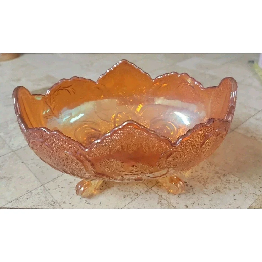 Vintage Carnival Glass Iridescent Footed Bowl Marigold Scalloped Floral Pattern